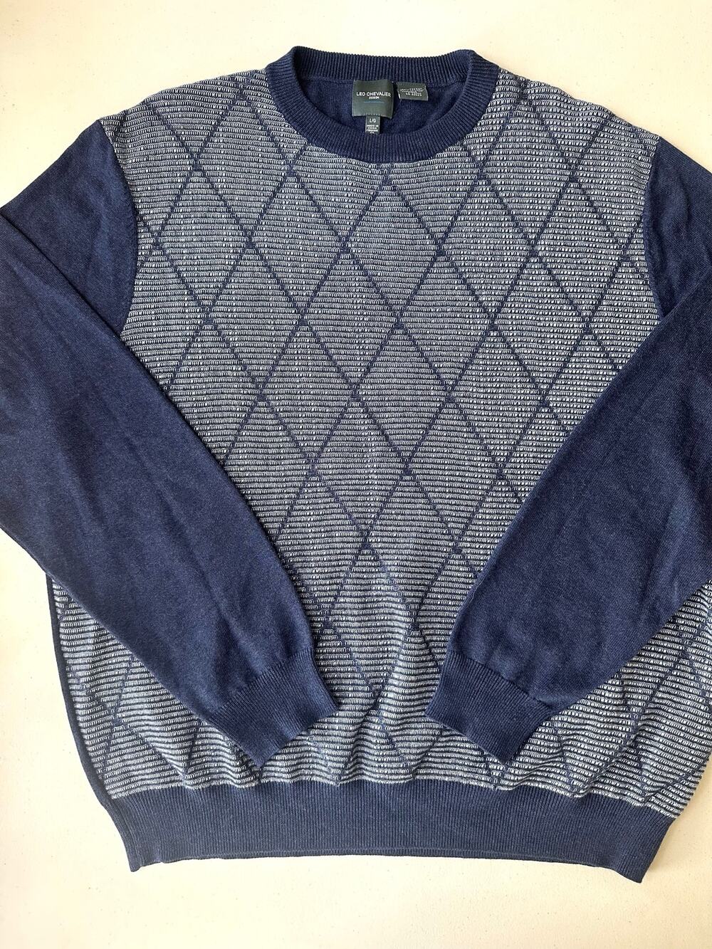 Leo Chevalier Men's L Sweater Navy Blue Diamond Pattern Textured Knit Crewneck